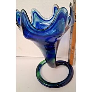 Sooner/Arklahoma Large Blue Blown Glass Vase Coil Base